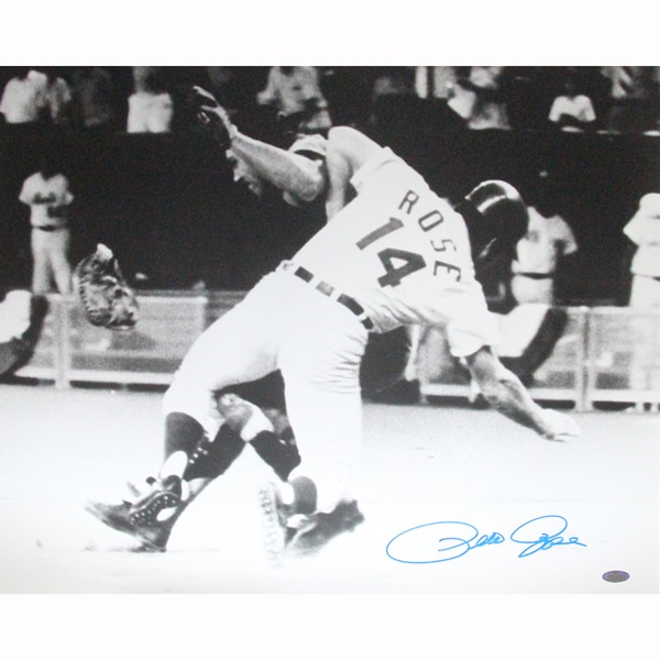Pete Rose Signed Sliding Into Fosse Horizontal B/W 16x20 Photo