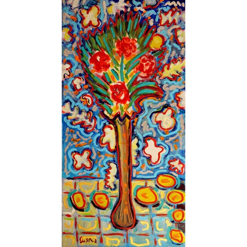 Marmont Hill - 'Roses in Long Vase' by Michael Woodward Painting Print on Canvas - Multi-Color