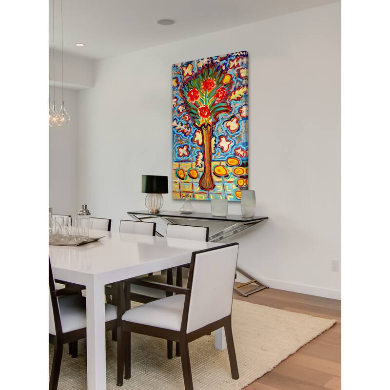 Marmont Hill - 'Roses in Long Vase' by Michael Woodward Painting Print on Canvas - Multi-Color
