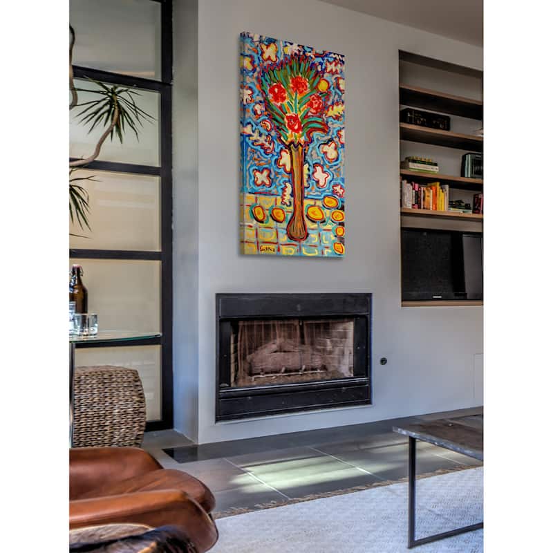 Marmont Hill - 'Roses in Long Vase' by Michael Woodward Painting Print on Canvas - Multi-Color