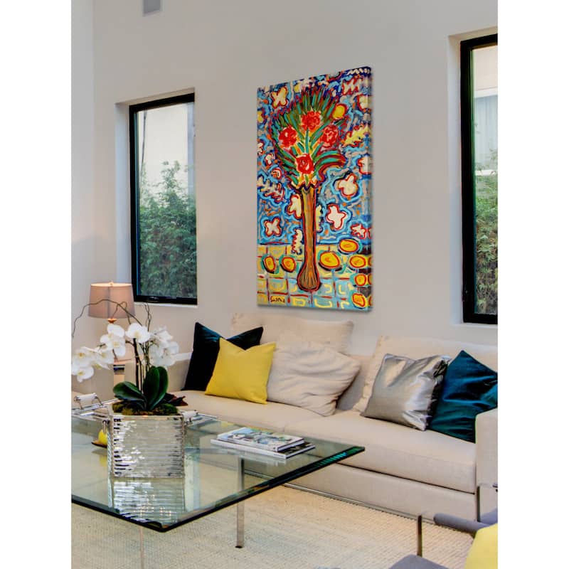 Marmont Hill - 'Roses in Long Vase' by Michael Woodward Painting Print on Canvas - Multi-Color