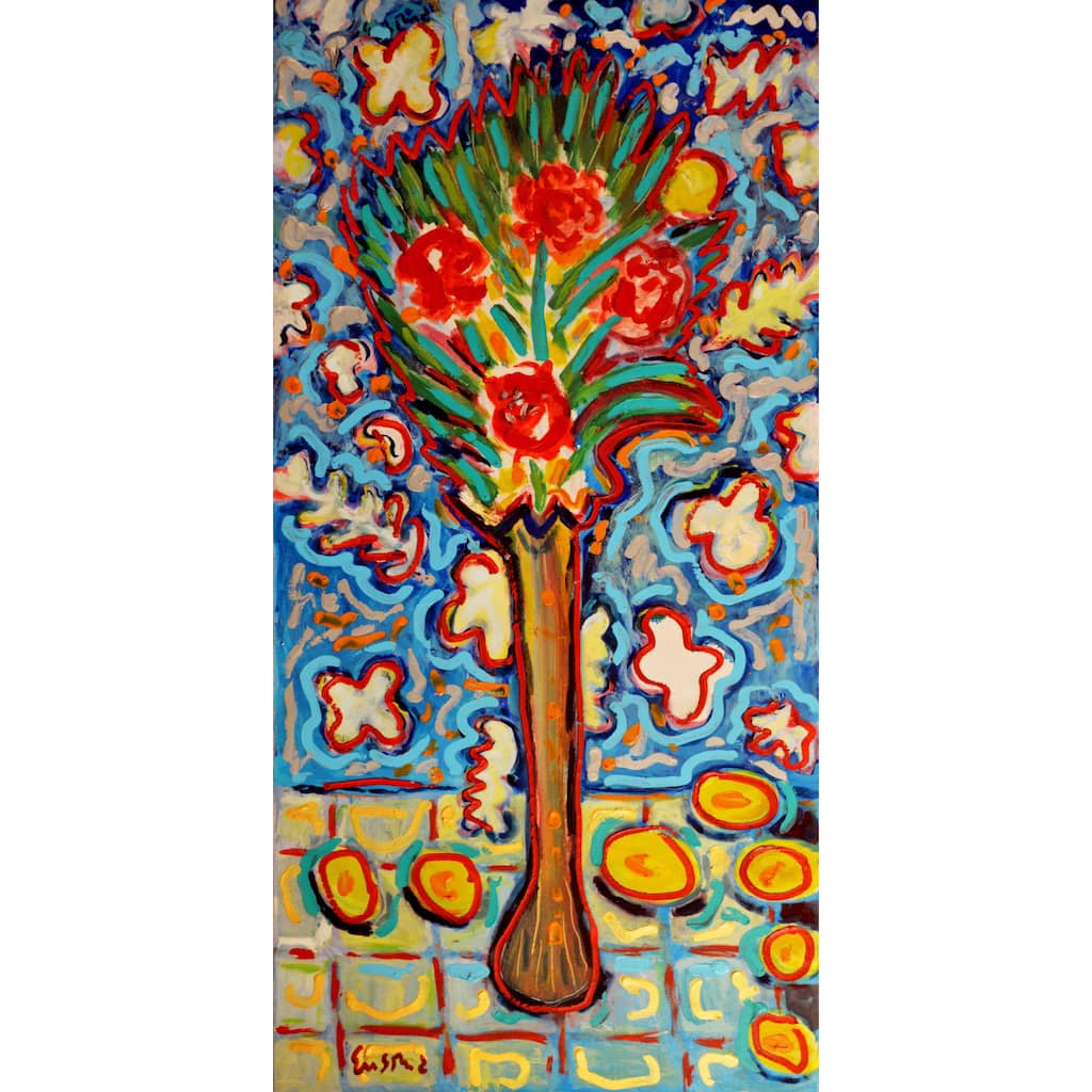 Marmont Hill - 'Roses in Long Vase' by Michael Woodward Painting Print on Canvas - Multi-Color