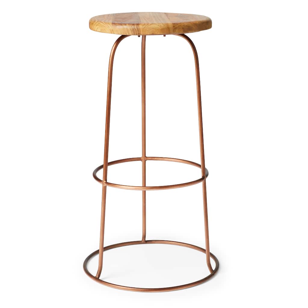 Handmade Copper Ring Teak Top Bar Stool (India)