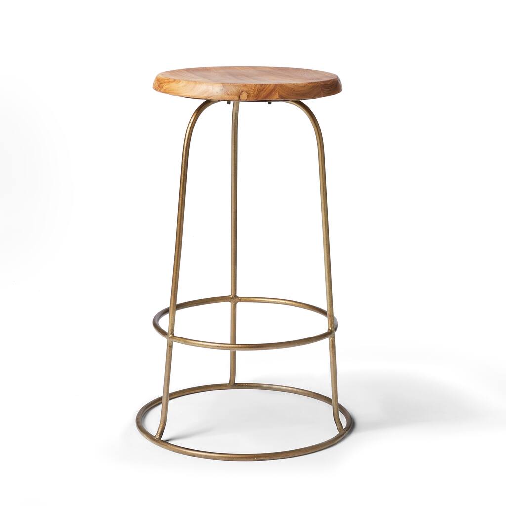 Handmade Brass Ring Teak Top Counter Stool (India)