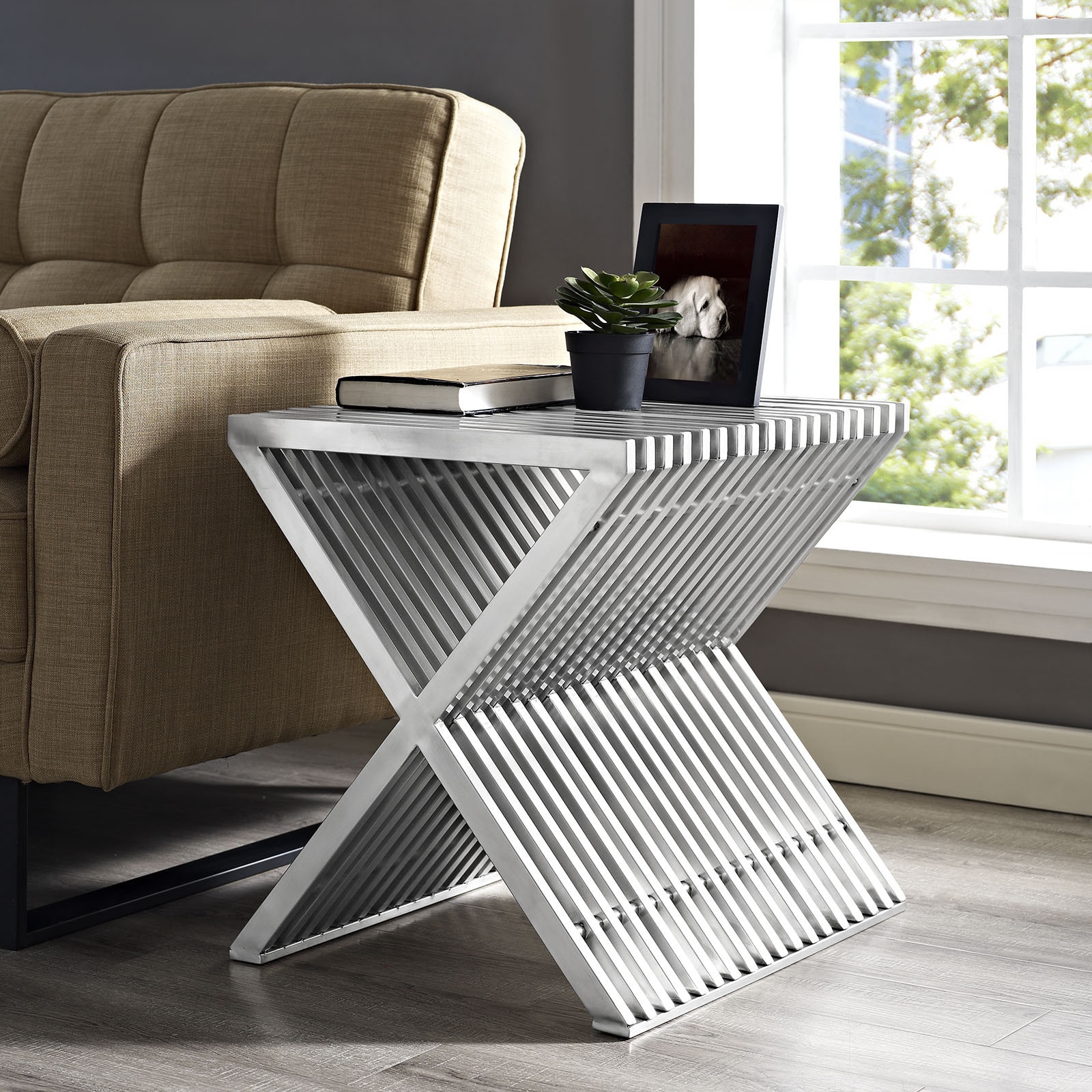 Stainless Steel X-Frame Side Table, Silver - Bed Bath