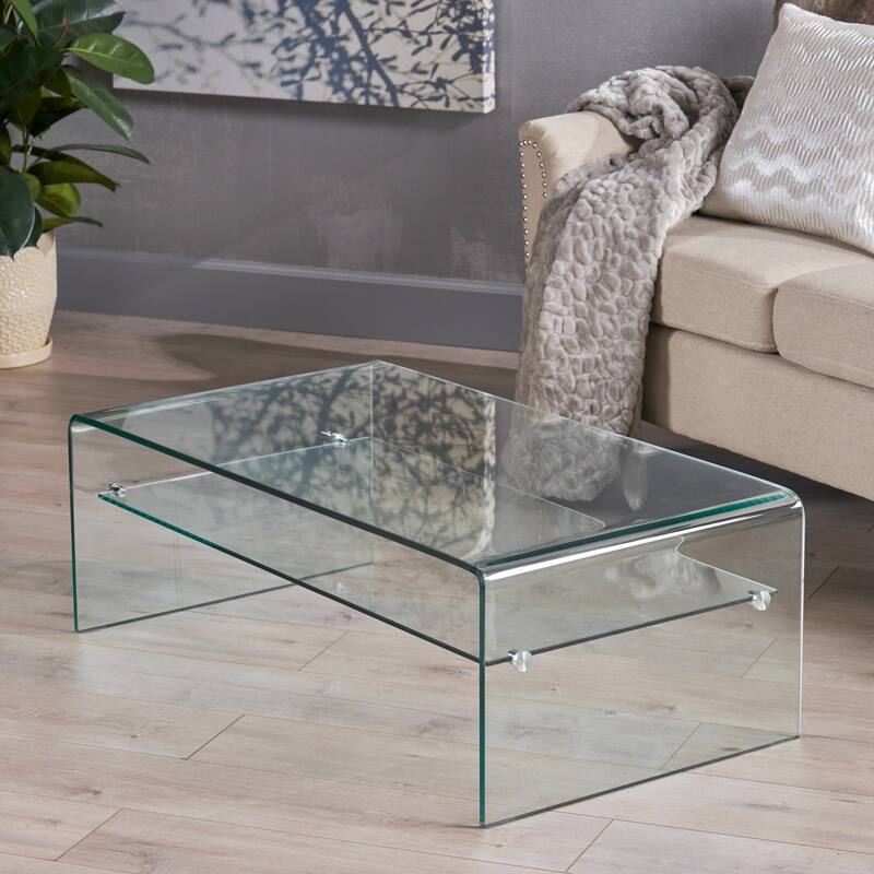 Ramona Glass Rectangle Coffee Table with Shelf by Christopher Knight Home - Clear