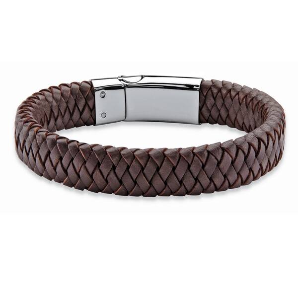 Mens Genuine Braided Leather Stainless Steel Link Bracelet Wide Cuff Bangle