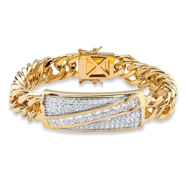 Shop Men&#39;s Yellow Gold-Plated Princess Cut Link Bracelet Cubic Zirconia (5 1/3 cttw TDW) - On ...