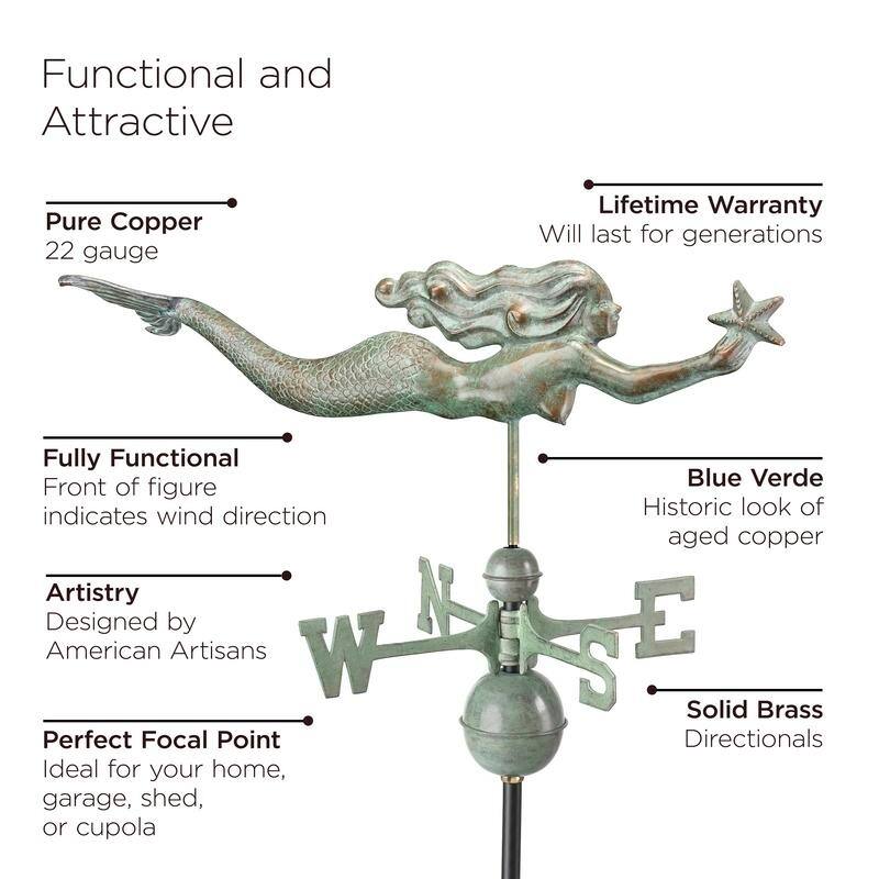 Copper Mermaid with Starfish Weathervane by Good Directions - Pure Copper