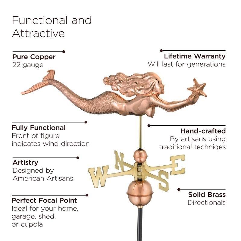 Copper Mermaid with Starfish Weathervane by Good Directions - Pure Copper