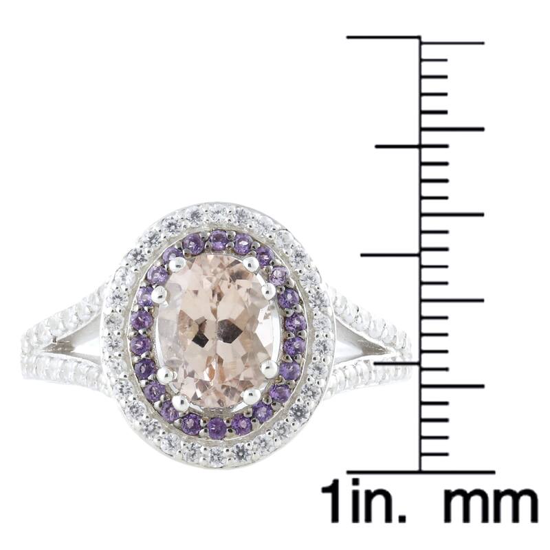 Sterling Silver Morganite, Amethyst, White Zircon Double Halo Ring