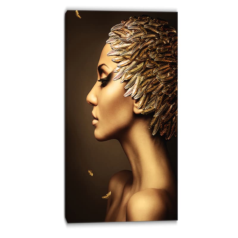 Designart - Woman with Gold Feather Hat - Contemporary Canvas Art Print ...