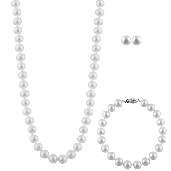 Sterling Silver White Pearl 3-piece Set (8 mm)