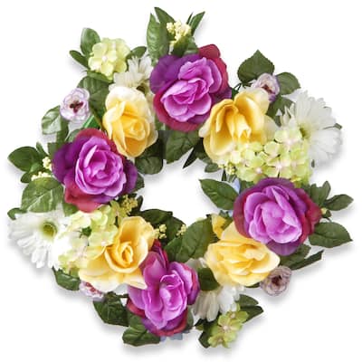 National Tree Company 18 in. Daisies Roses and Hydrangeas Wreath