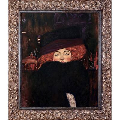 La Pastiche Gustav Klimt 'Lady with Hat and Feather Boa' Hand Painted Framed Canvas Art