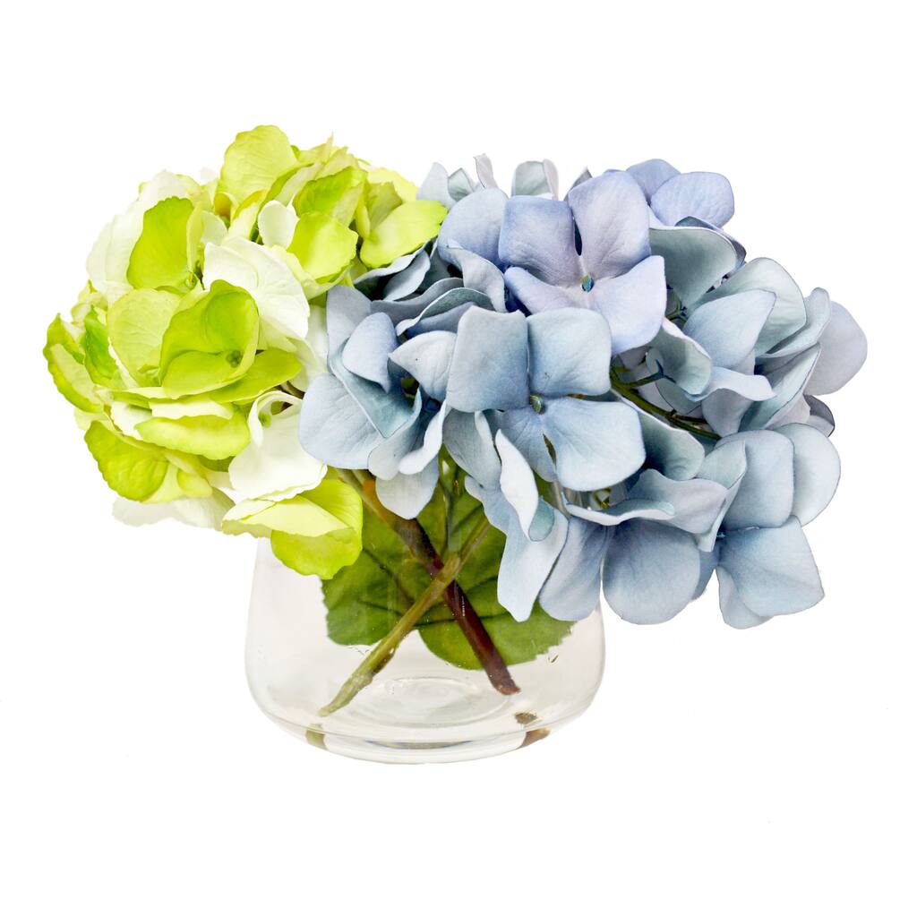 Creative Displays Blue and Green Hydrangeas In Acrylic Water Vase