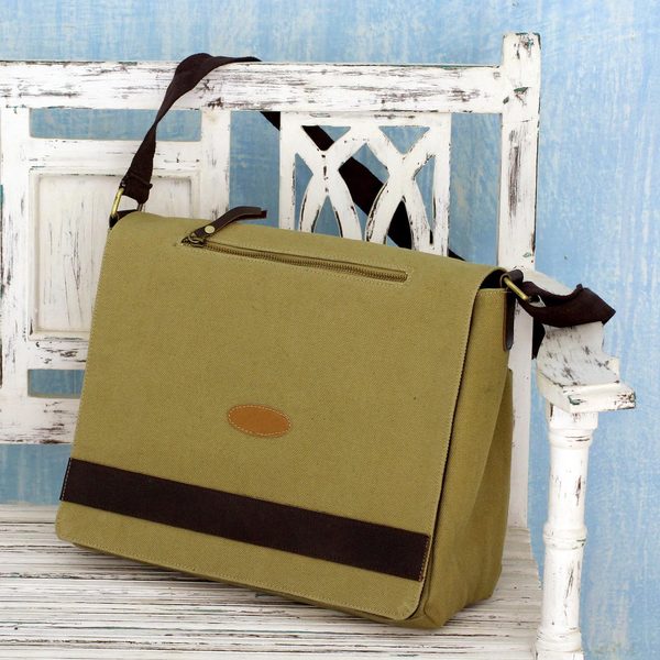 Shop Handmade Cotton Canvas Laptop Messenger Bag &#39;Indian Green&#39; (India) - Free Shipping Today ...