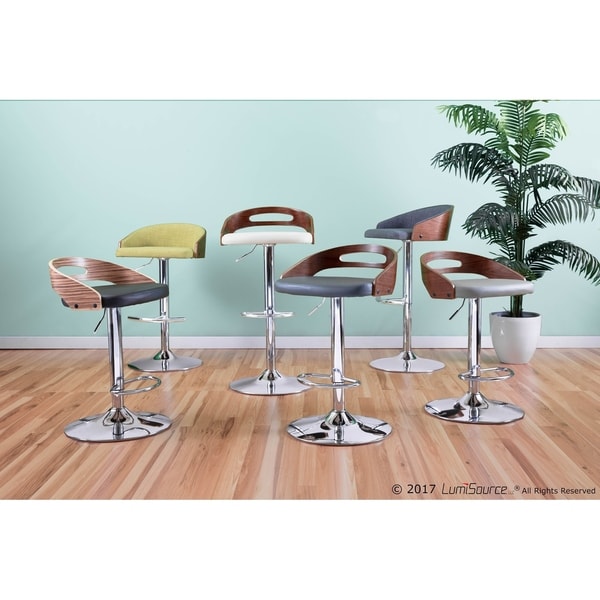 Cassis Mid-Century Modern Adjustable Bar Stool with Faux Leather and Walnut Wood