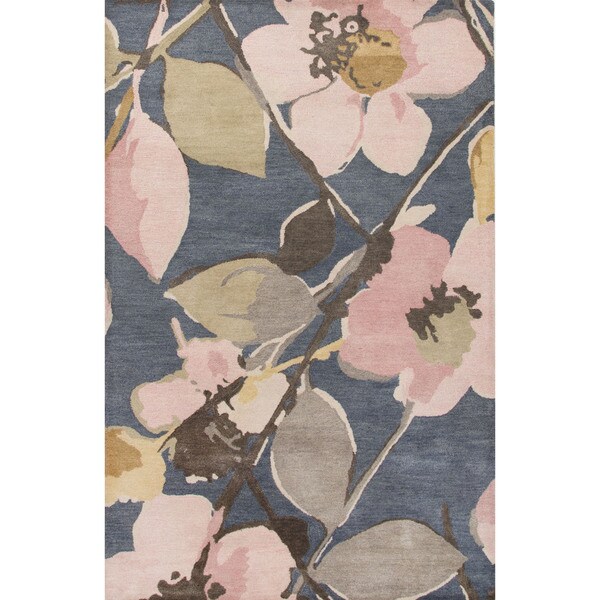 Contemporary Floral & Leaves Pattern Blue/Pink Wool Area Rug (5x8