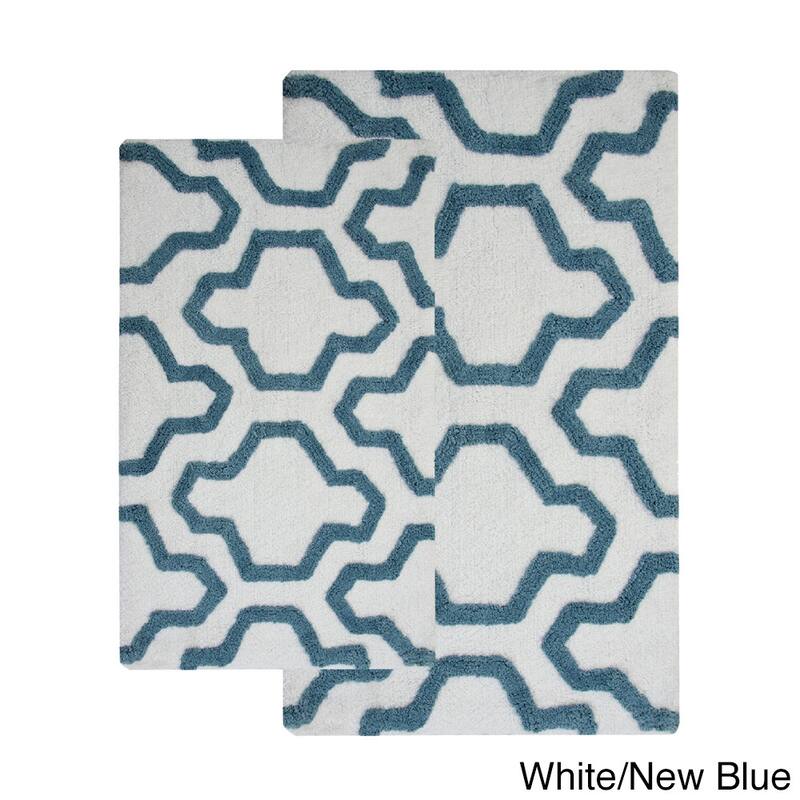 Saffron Fabs Cotton Quatrefoil Bath Rug (Set of 2) - White/Navy Blue - 24 x 17 & 34 x 21