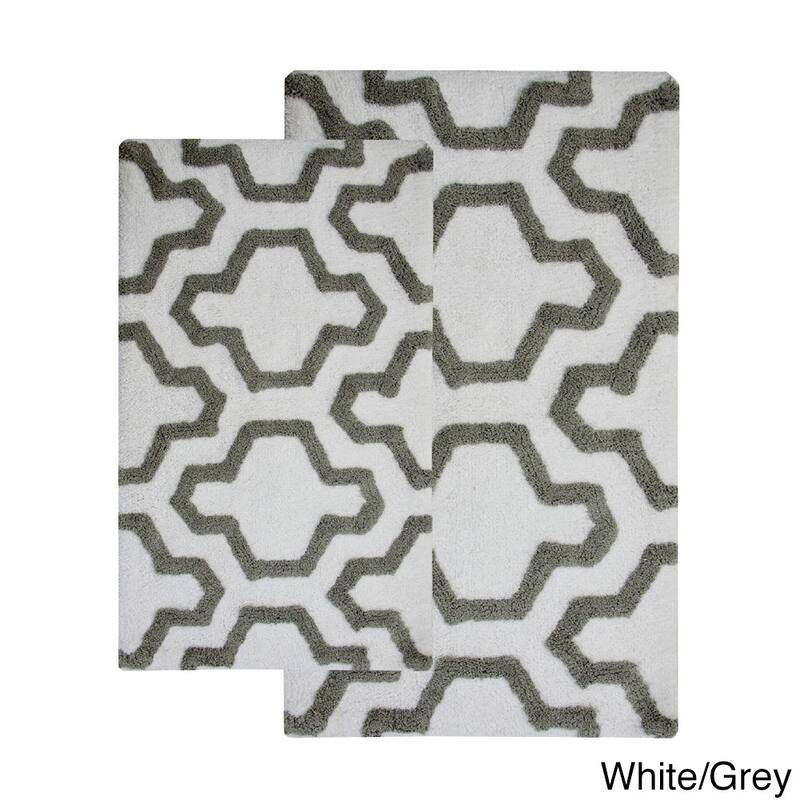 Saffron Fabs Cotton Quatrefoil Bath Rug (Set of 2) - White/Grey - 24 x 17 & 34 x 21