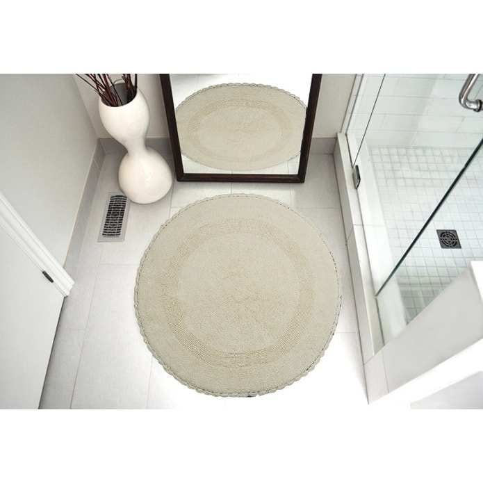 36 Inches Round Cotton Bath Rug Reversible Hand Knitted Crochet Border
