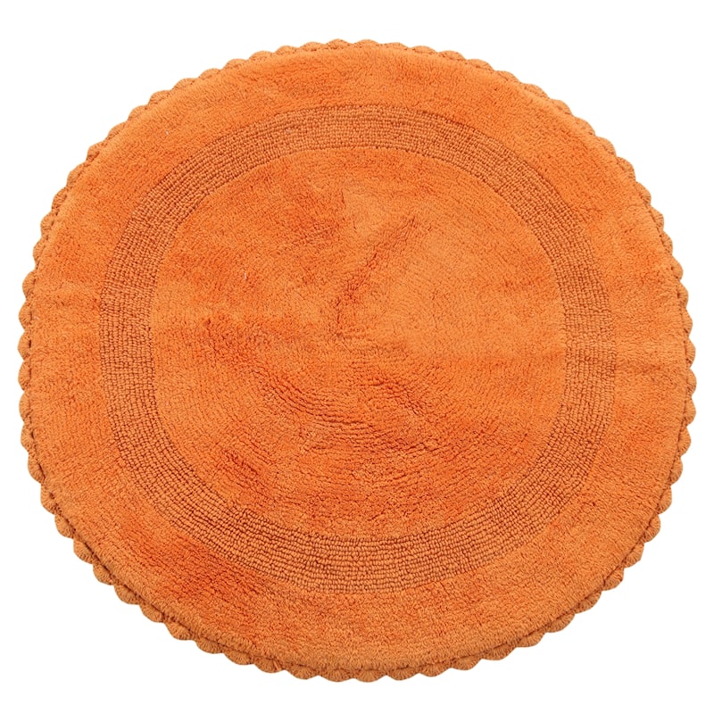 36 Inches Round Cotton Bath Rug Reversible Hand Knitted Crochet Border - Orange
