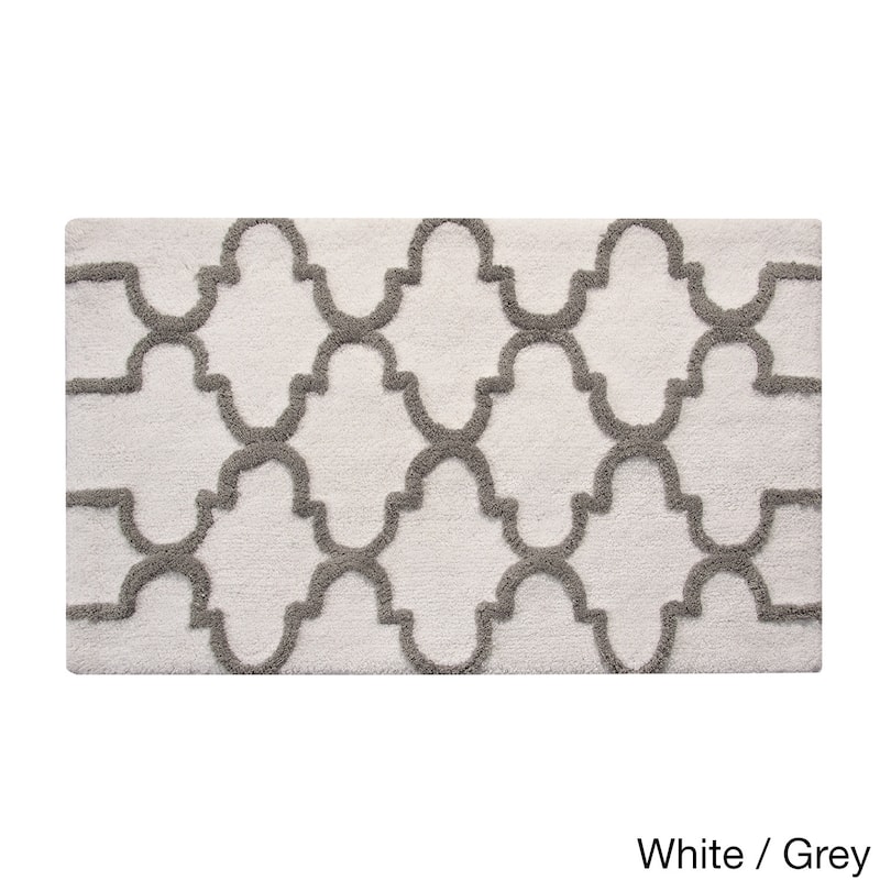 Saffron Fabs Bath Rug, Cotton, Non-Skid, Geometric, Machine Washable - 21 x 34 - White/Grey - 21 x 34