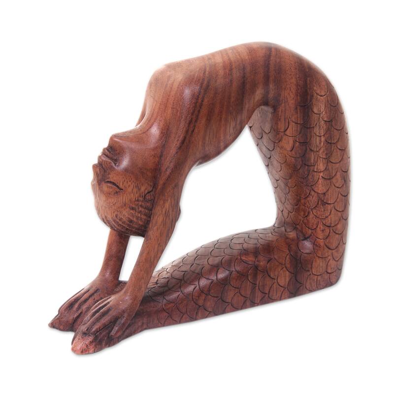 Handcrafted Suar Wood 'Ustrasana Mermaid' Sculpture (Indonesia)