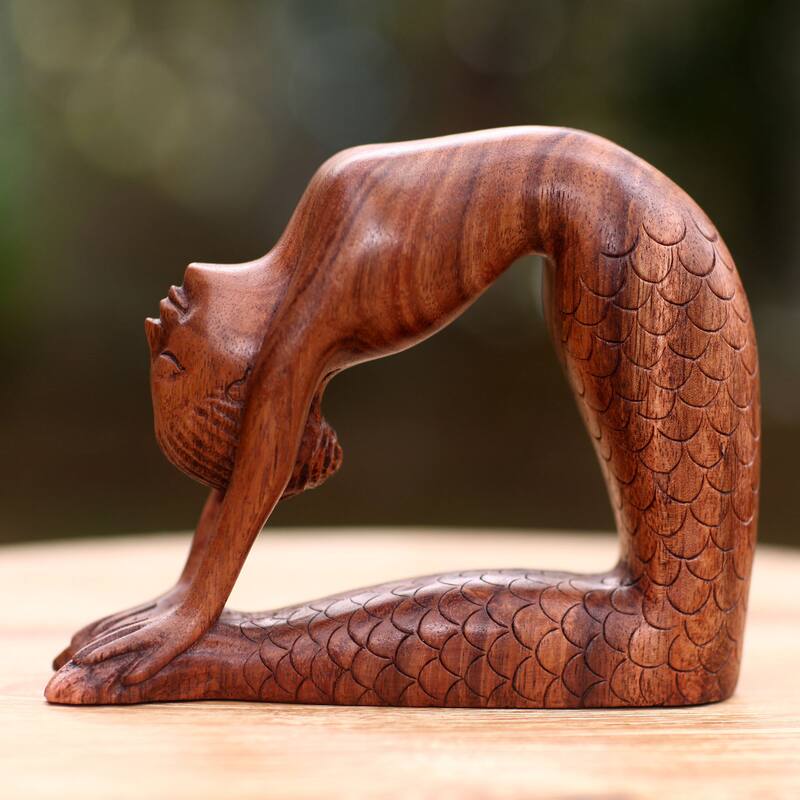 Handcrafted Suar Wood 'Ustrasana Mermaid' Sculpture (Indonesia)