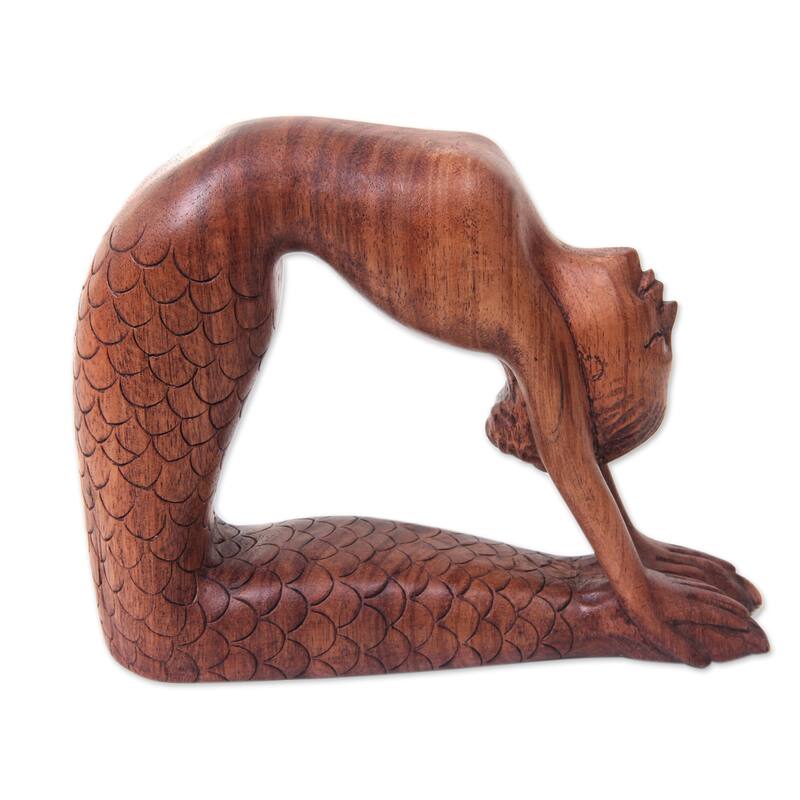 Handcrafted Suar Wood 'Ustrasana Mermaid' Sculpture (Indonesia)