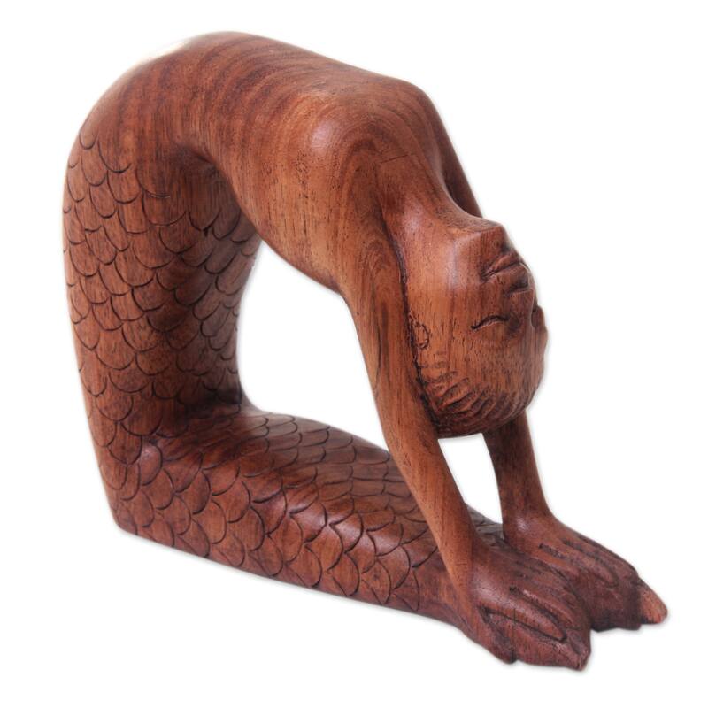 Handcrafted Suar Wood 'Ustrasana Mermaid' Sculpture (Indonesia)