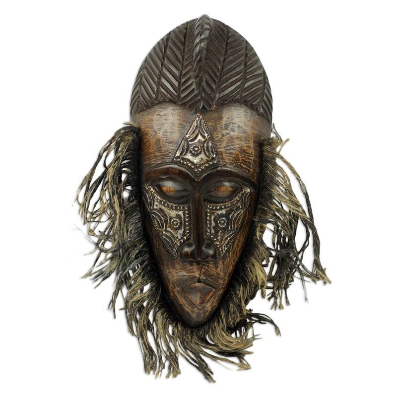 Handmade Sese Wood Aluminum 'Frafra Dancer' Mask (Ghana) - Brown