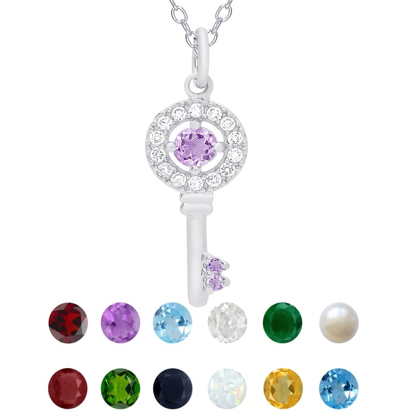 Dolce Giavonna Sterling Silver Birthstone and Cubic Zirconia Key Necklace