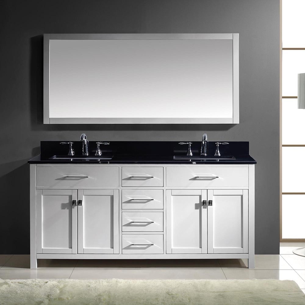 Caroline 72 Inch White Double Vanity Black Granite Top With Mirror Caroline 72 Inch White Double Vanity Black Granite Top With Mirror