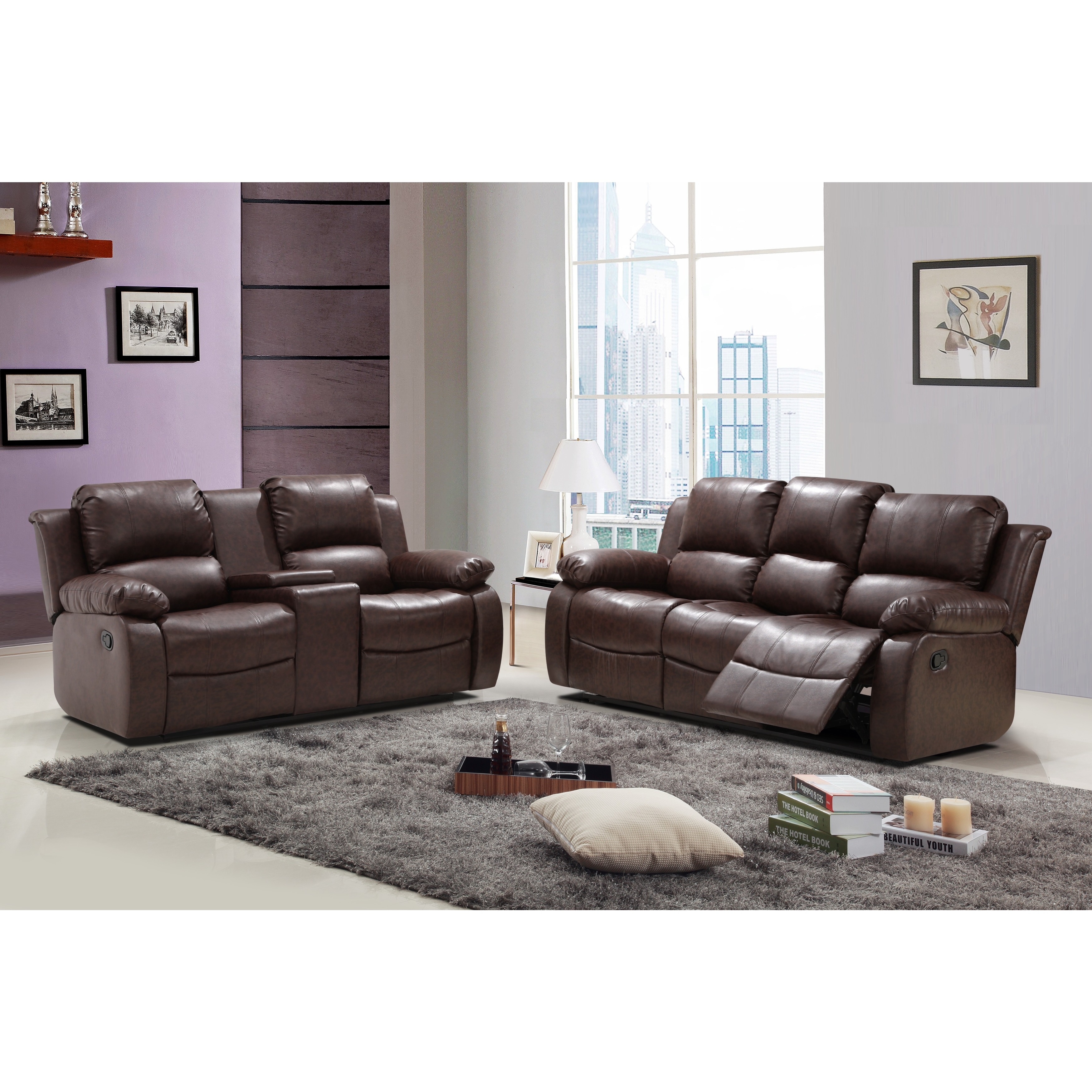 Madison Faux Leather Reclining Sofa And Loveseat Set With Tea Table And Center Console