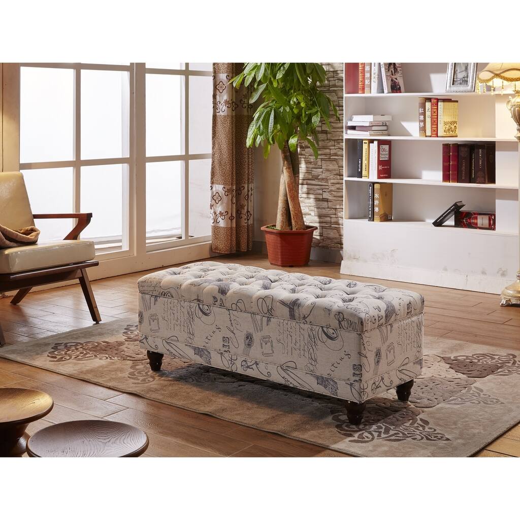 Luxury Script Pattern Tufted Storage Bench with Twin Hydraulic Hinges ...