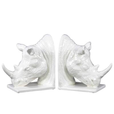 UTC39702-AST: Ceramic Rhino Head Bookend Assortment of Two Gloss Finish White