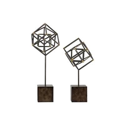 Gunmetal Grey Rust Finish Metal Abstract Sculpture with Square Stand (Set of Two)