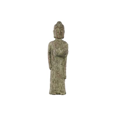 Cement Standing Buddha Figurine with Rounded Ushnisha and Bowl Washed Finish Moss Green