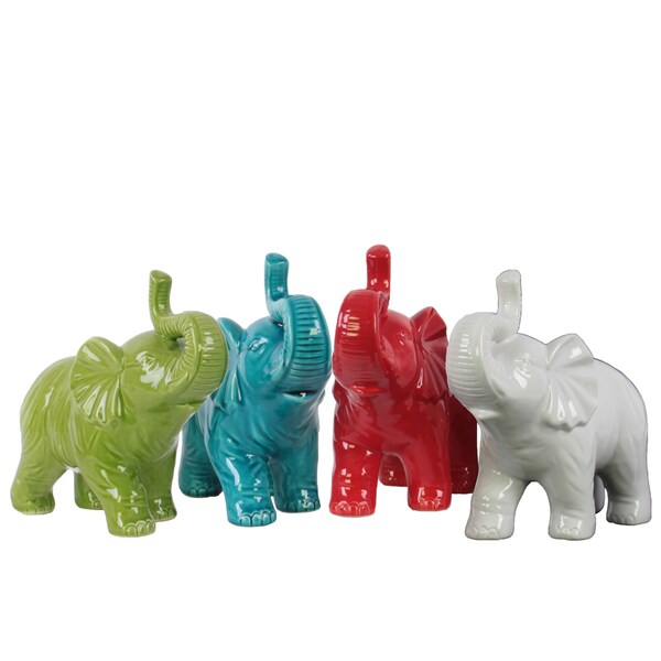 Assorted Color Glossy Ceramic Standing Trumpeting Elephant Figurines (Set of 4)