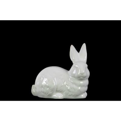 Glossy White Finish Ceramic Small Turned Head Laying Rabbit Figurine