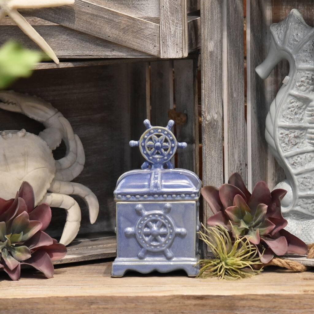 UTC32671: Ceramic Rectangular 44 oz. Canister with Nautical Wheel Design Body and Lid Distressed Coated Finish Blue