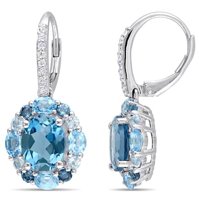 Miadora Sterling Silver Blue and White Topaz Leverback Floral Cluster Halo Drop Earrings