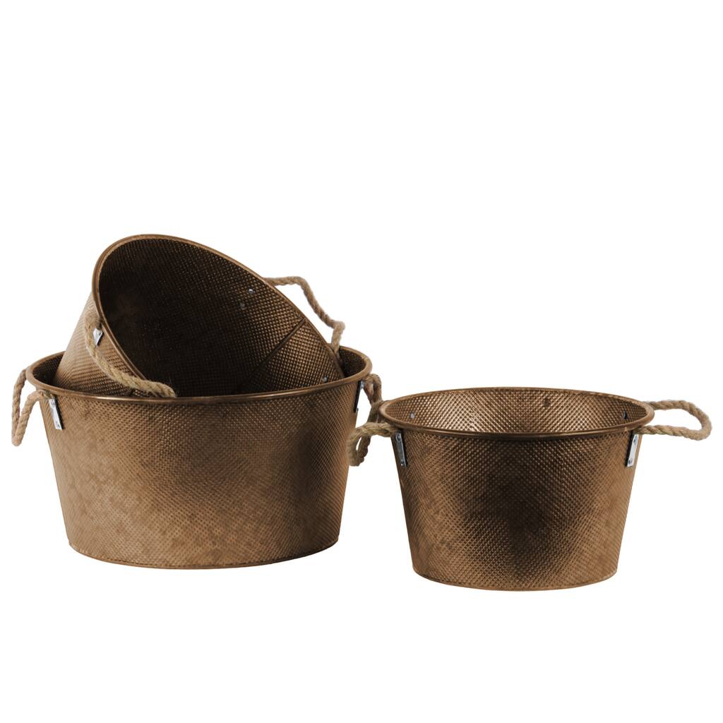 Galvanized Finish Bronze Zinc Short Round Bucket with Rope Handles (Set of 3)