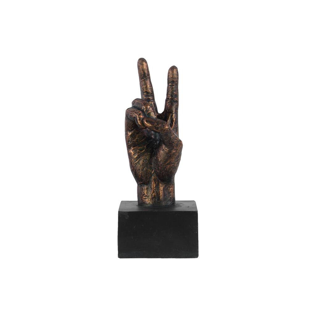 Fiberstone Hand Sculpture in ""Peace"" Hand Gesture on Base Tarnished Finish Bronze