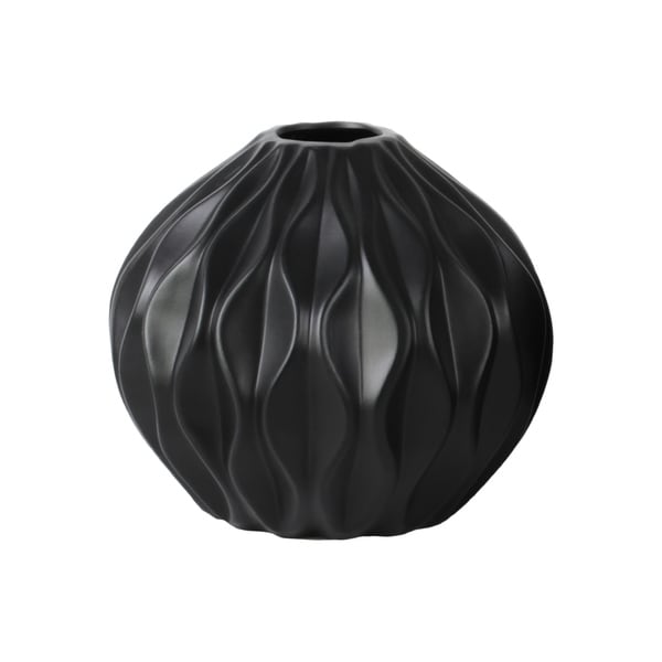 UTC21440: Ceramic Round Low Vase with Round and Small Lip, and Embossed Wave Design Matte Finish Black