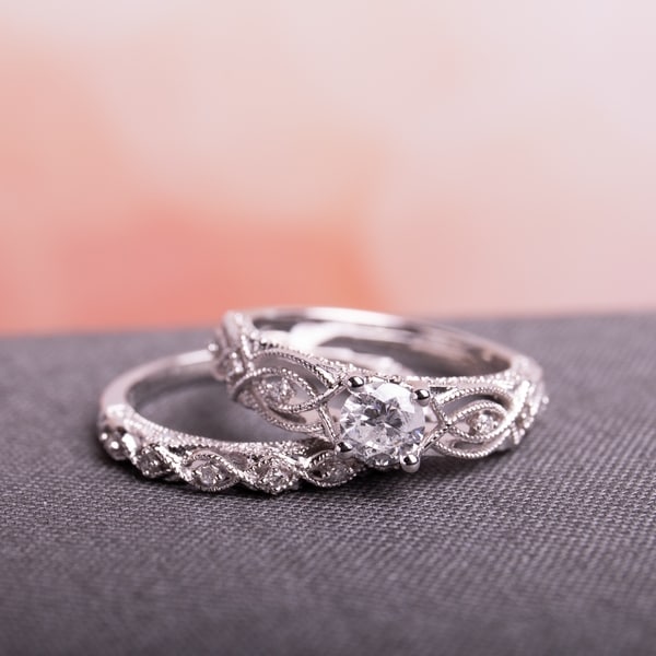 Miadora Signature Collection 10k White Gold 3/4ct TDW Diamond Vintage Filigree Bridal Ring Set