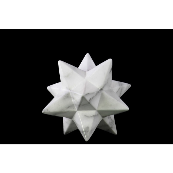 Small Marbleized with Gray Streaks Gloss Finish White Ceramic 12-point Stellated Icosahedron Sculpture