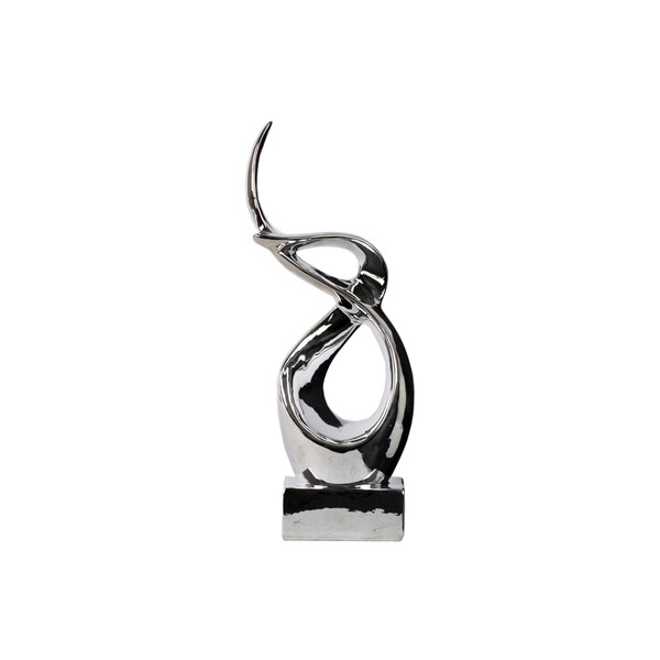 Large Polished Chrome Finish Silvertone Ceramic Swirl Abstract Sculpture on Rectangular Base